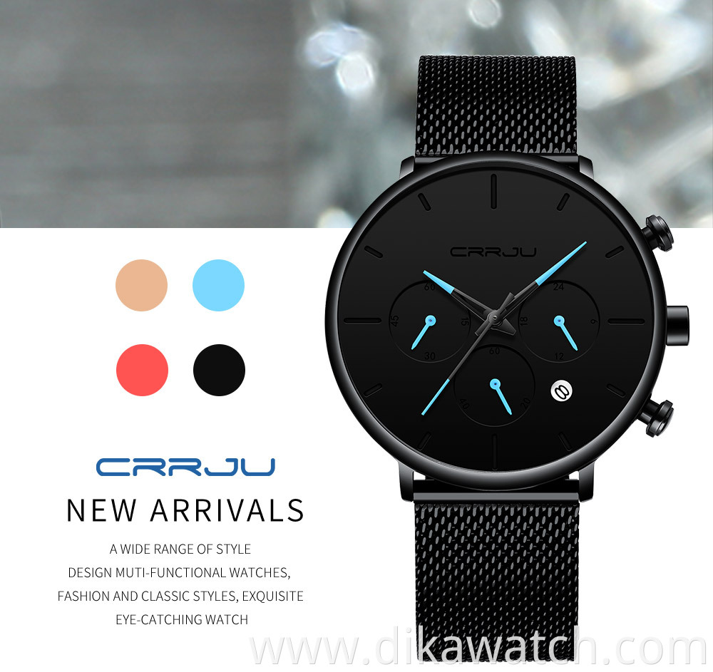 CRRJU Mens Business Dress Watches Luxury Casual Waterproof Sport Watch Men 3 eyes Dial Quartz Slim Mesh Watch Relogio Masculino